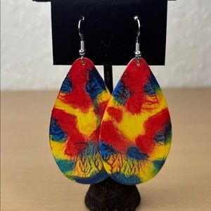 Colorful Tie-Dye Teardrop Earrings - Red, Yellow & Blue wooden earring